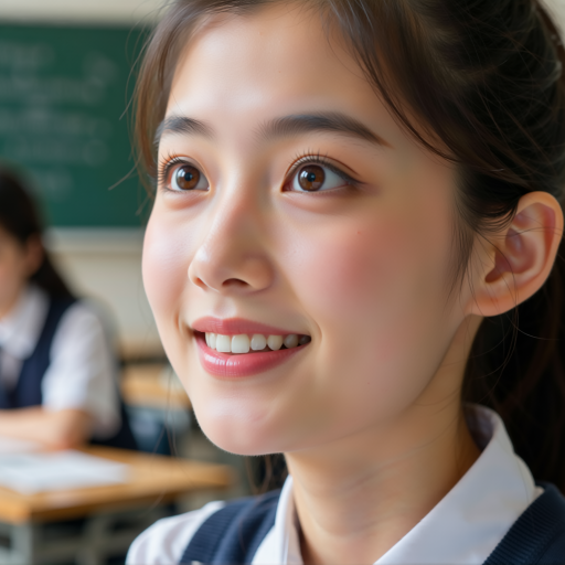 十二岁左右的小女孩，扎着马尾辫，穿着校服，笑容灿烂，背景是学校