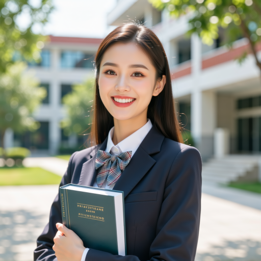 十八岁左右的女生，长发，穿着学士服，手拿毕业证书，笑容满面，背景是校园